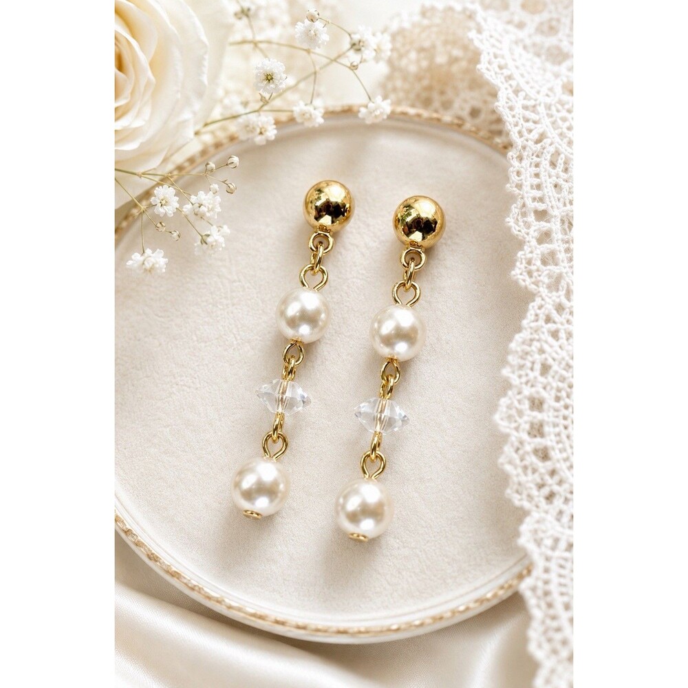 Vintage 90s Faux Pearl Drop Earrings Gold Tone Clear Crystal Dangle Cottagecore